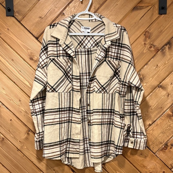 Beige and Brown Plaid Shirt Button Down Medium Ladies - Picture 1 of 5